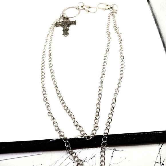 Mens Wallet Or Pants Double Layer Silver Tone Chain + Antique Style Cross -21" - Picture 1 of 8